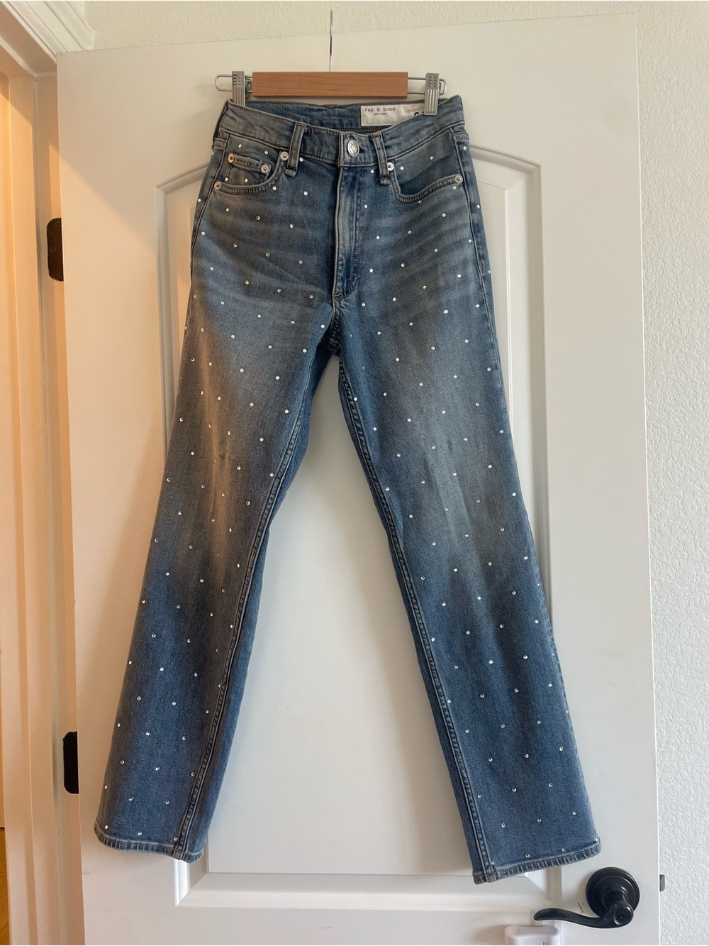 rag & bone Light Blue High-Rise Jeans with Crystal Studs